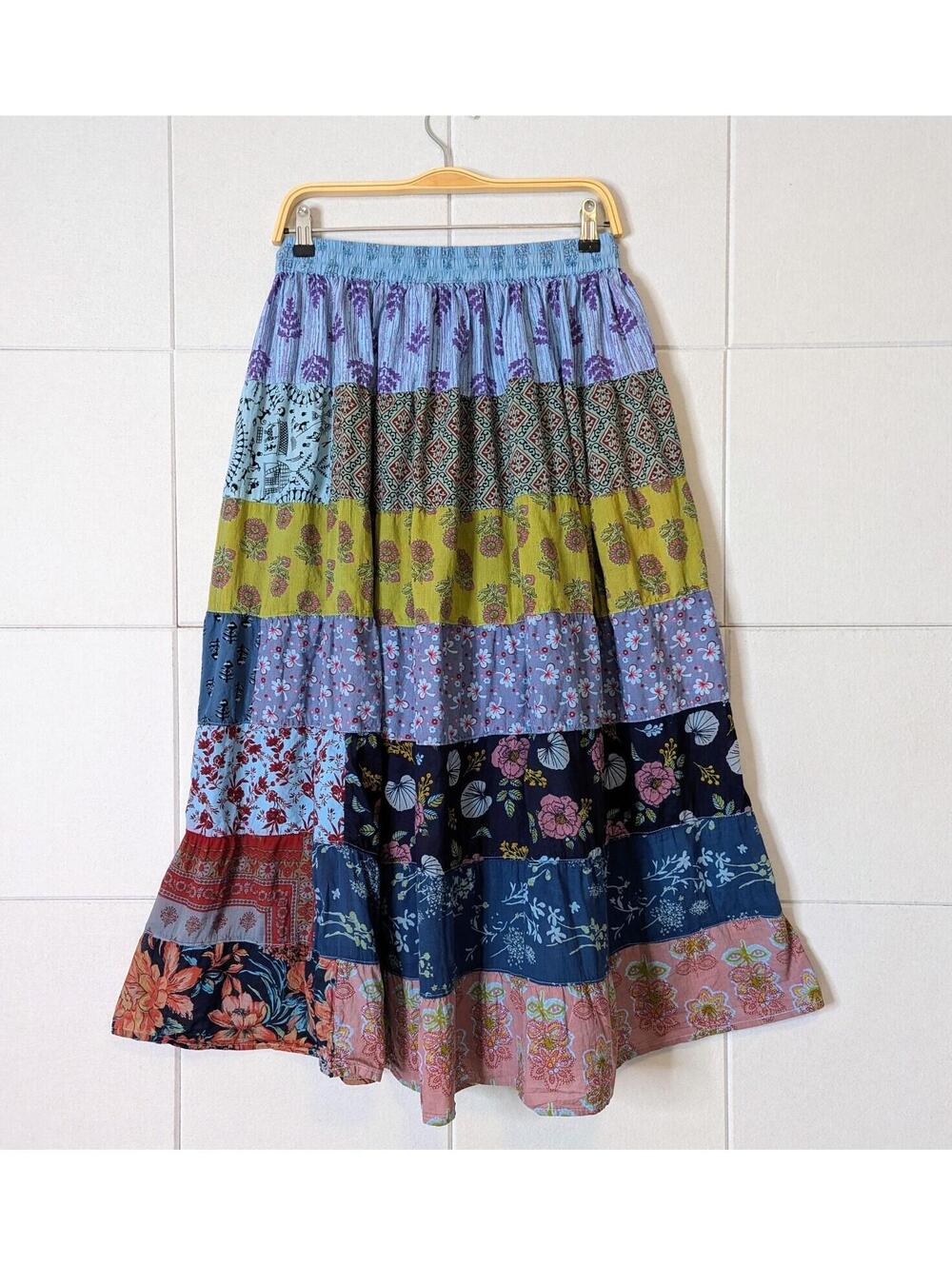Gypsy Rose boho 100% cotton patchwork tiered flare midi skirt - Picture 4 of 7